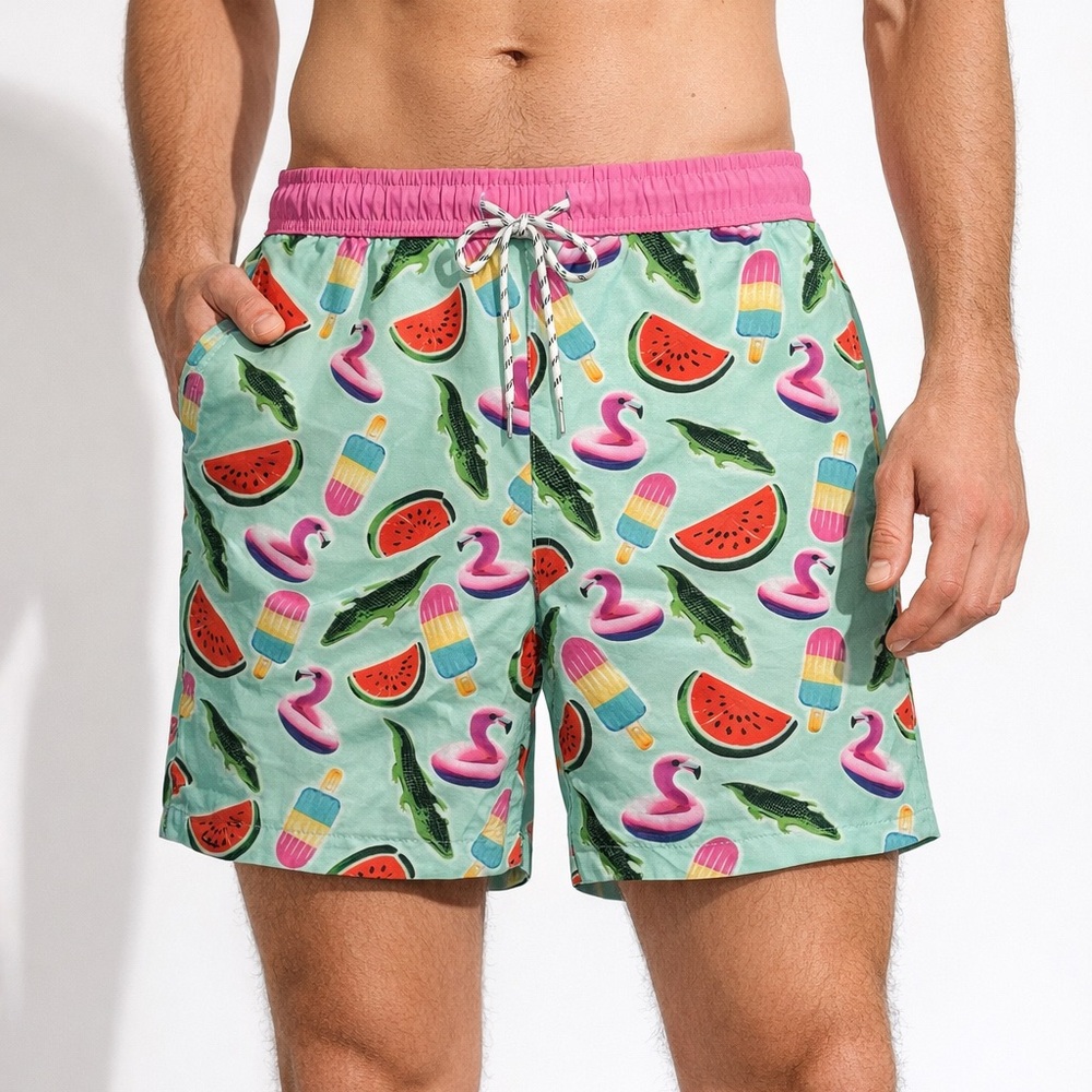 Publio Record Flamingo Watermelon Swim Shorts Y2K Boho